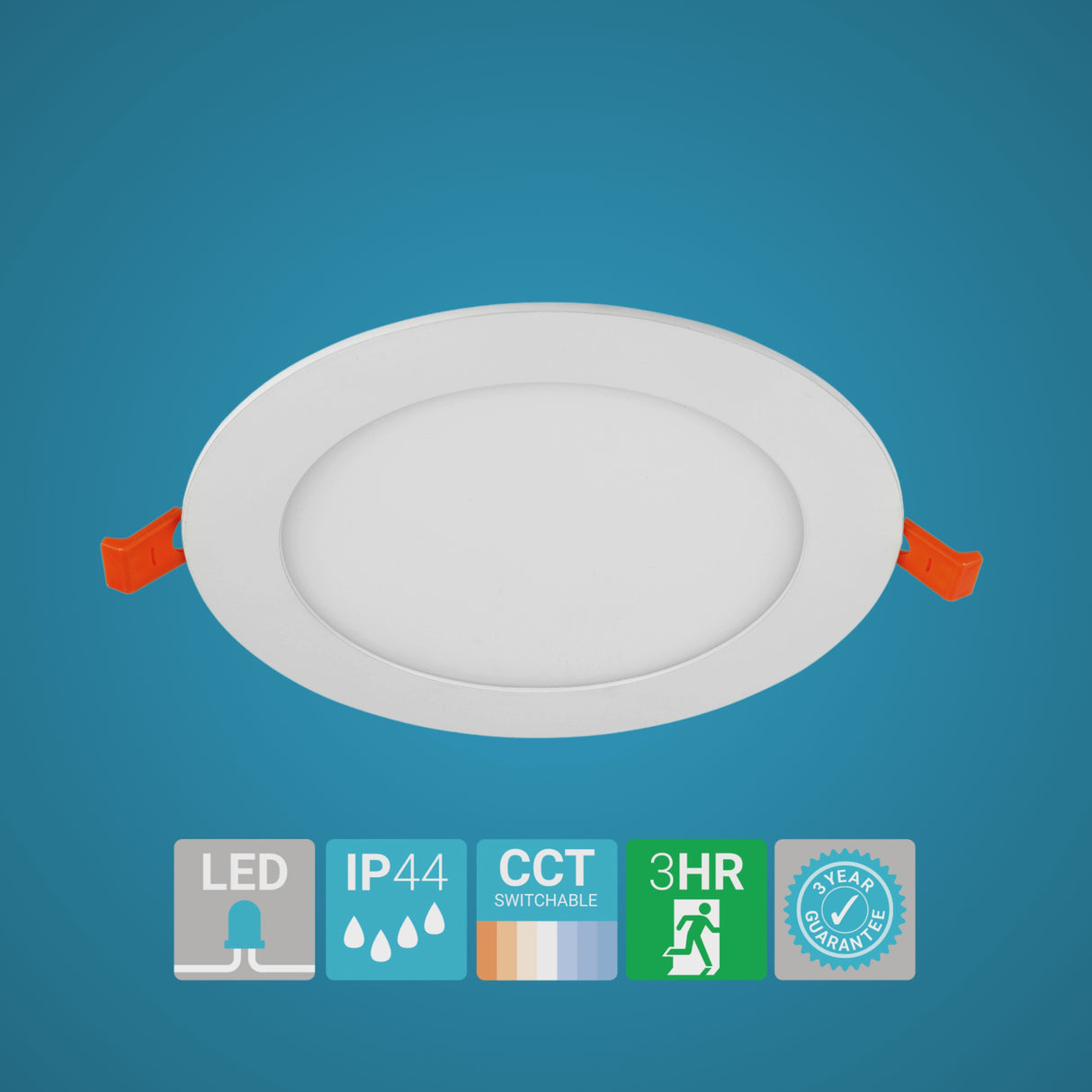 ALPHA-CT PANEL Slim Flat Recessed Round Downlight Fitting | LED 18W 1710lm | CCT Tri-Colour | IP44 | 3hr Emergency