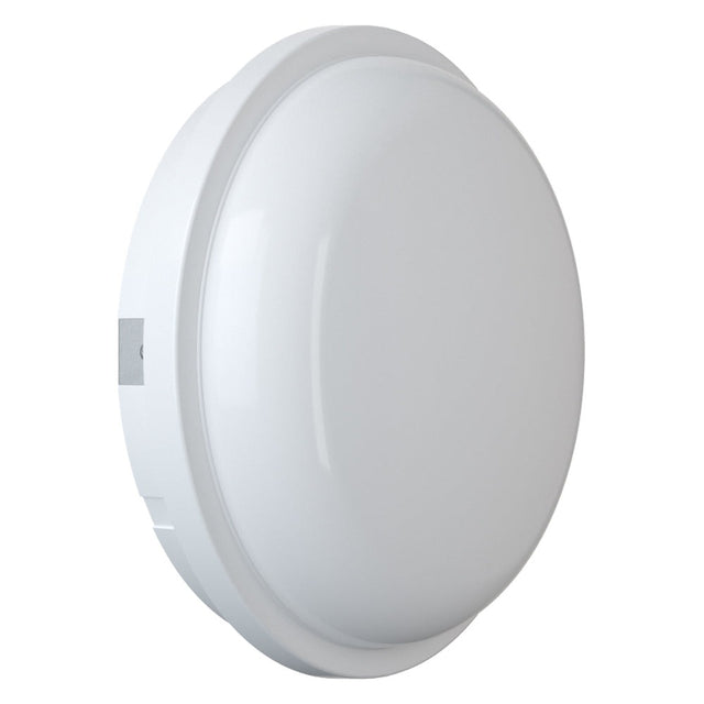 Angled view of SOHO 15W IP65 Small round ceiling or wall LED bulkhead light in white finish