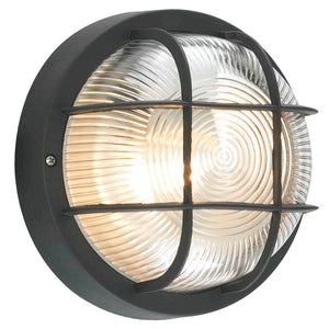 Round Drum Bulkhead Glass Wall Light Fitting | E27 | IP44 | Black Caged