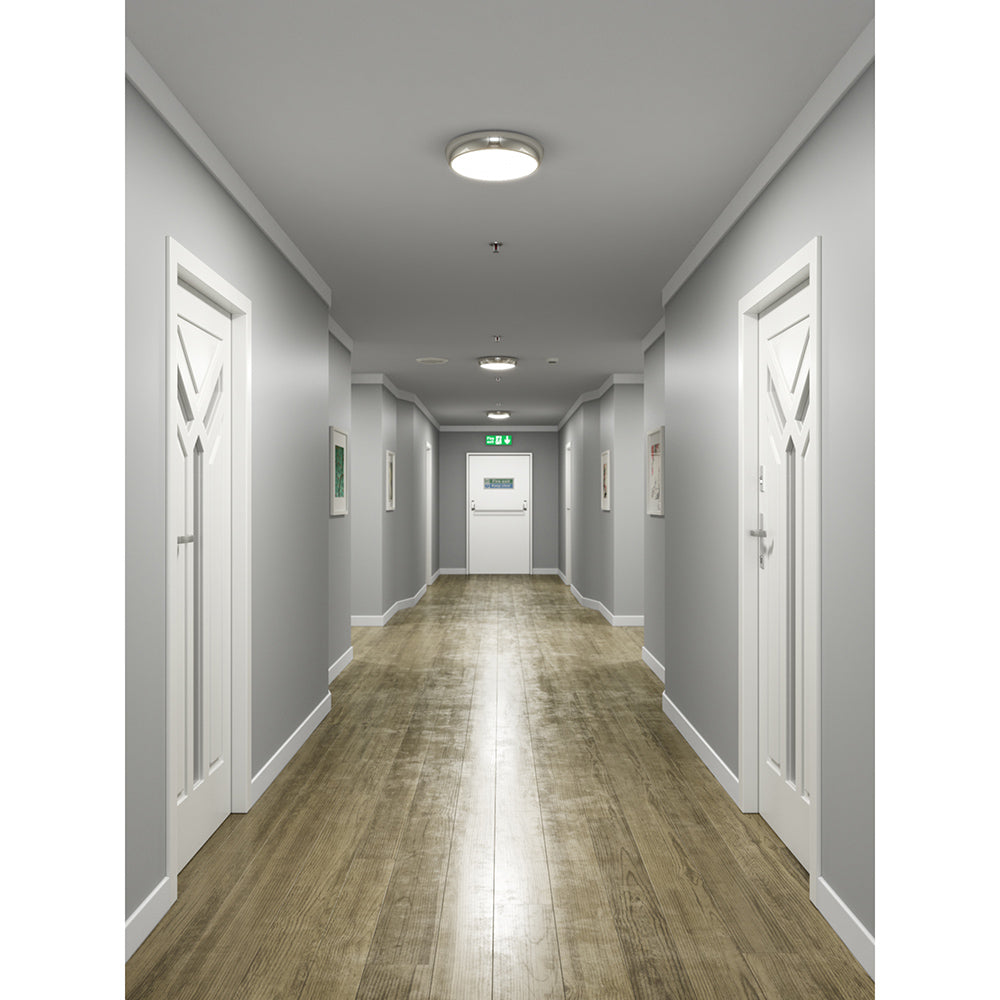 EUSTON Slim Bulkhead Light Fitting | LED 14W 1000lm | 4000K Neutral White | IP54 | Polished Chrome | 3hr Emergency Function